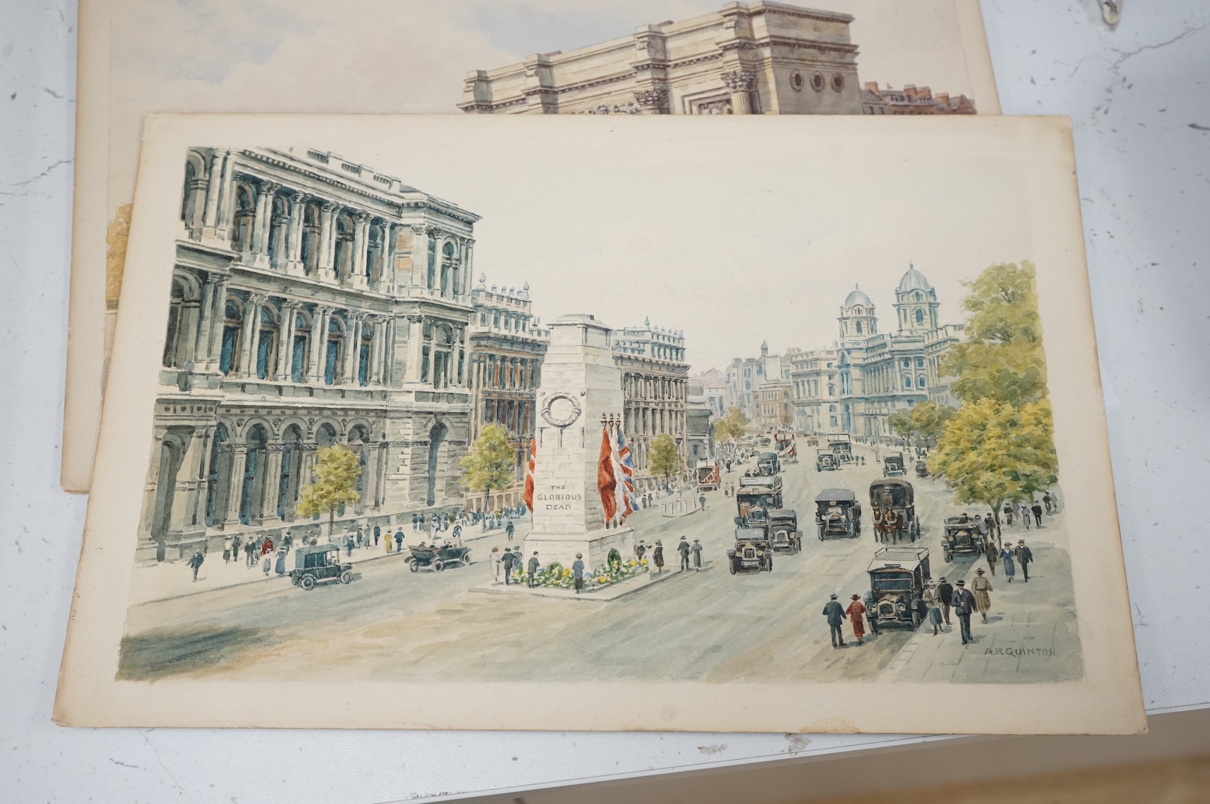 Alfred Robert Quinton (1853-1934), a set of four original watercolours for postcard designs, London scenes to include, ‘National Gallery’, ‘Regent Street’ and ‘Marble Arch’, each signed, unframed, 20 x 30cm